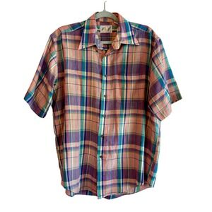 Pink‎ & Teal Large Format Plaid Short Sleeve Button Down Shirt Men's Large L